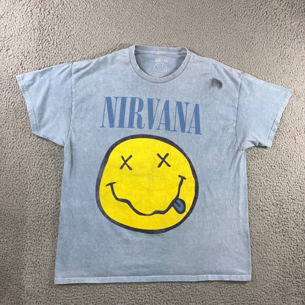Nirvana Graphic Tee Men XL Blue Acid Wash Smiley Face Band T-Shirt Thrashed Rock